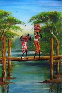 フリーハンドで川を渡るアフリカ人 Oil Paintings